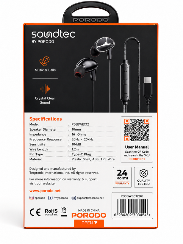 هندزفری سیمی تایپ سی Porodo Soundtec مدل PD3BWEC12