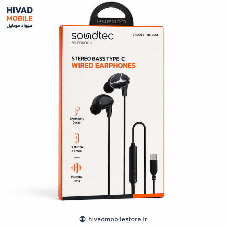 هندزفری سیمی تایپ سی Porodo Soundtec مدل PD3BWEC12